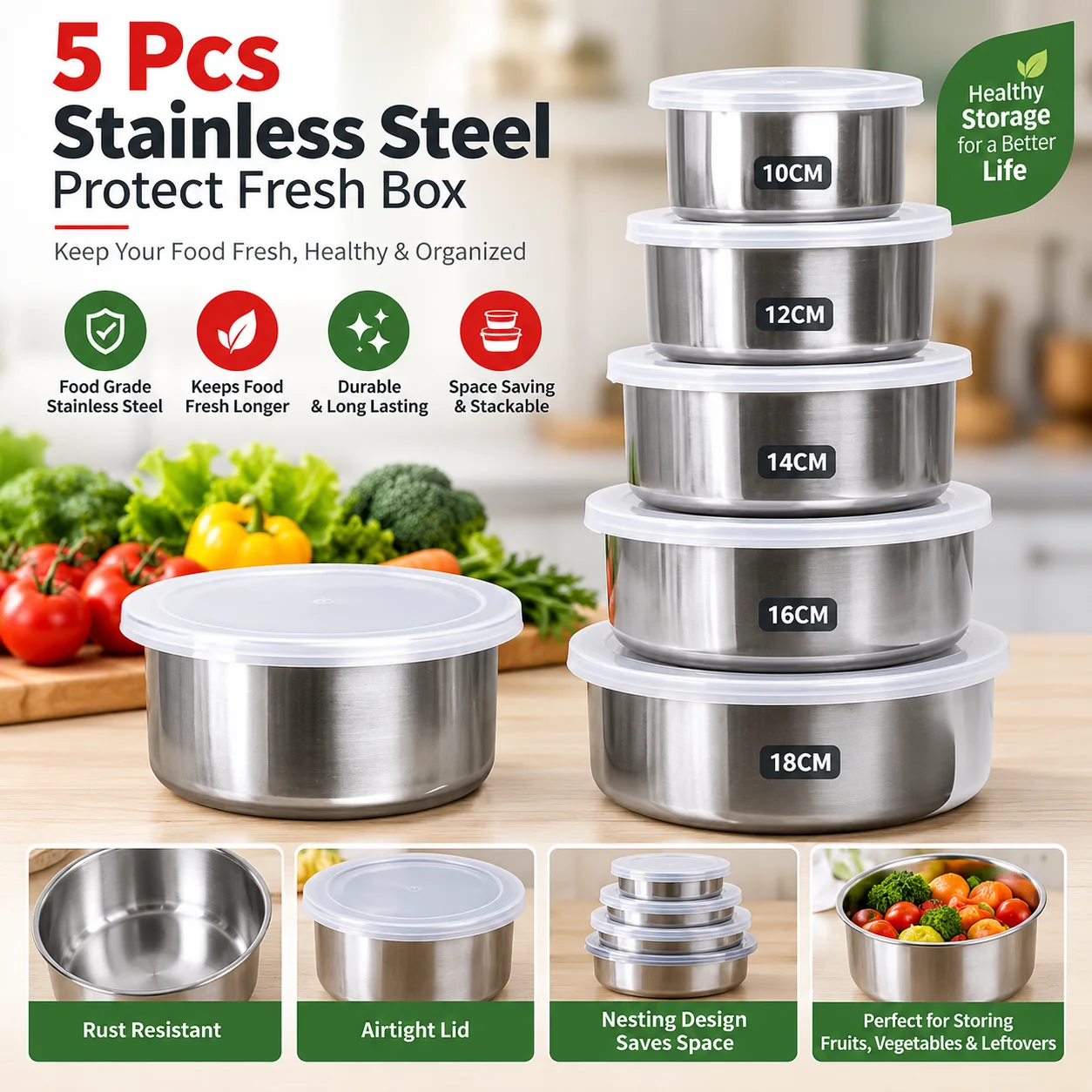 Stainless Steel Food Box 5 Pieces With Food Grade Plastic Cover, Protect Fresh Box 3