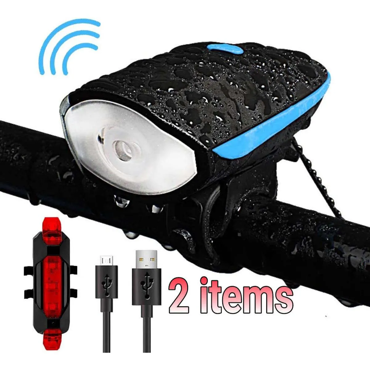 2 in1 USB Bicycle Light Set Rechargeable LED Bike Front Light with Horn and Rear Back Tail Light Super Power Waterproof Safety Cycling Light Bicycle Accessories 2