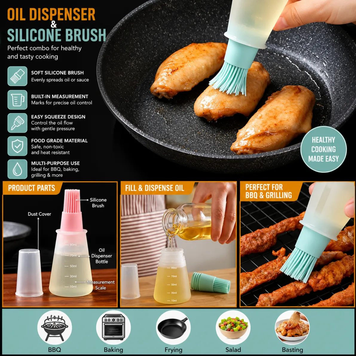 Silicone Oil Dispenser Bottle Brush Pastry Basting Brush Oil Honey Wine Sauce Grill Brush for Barbecue 3