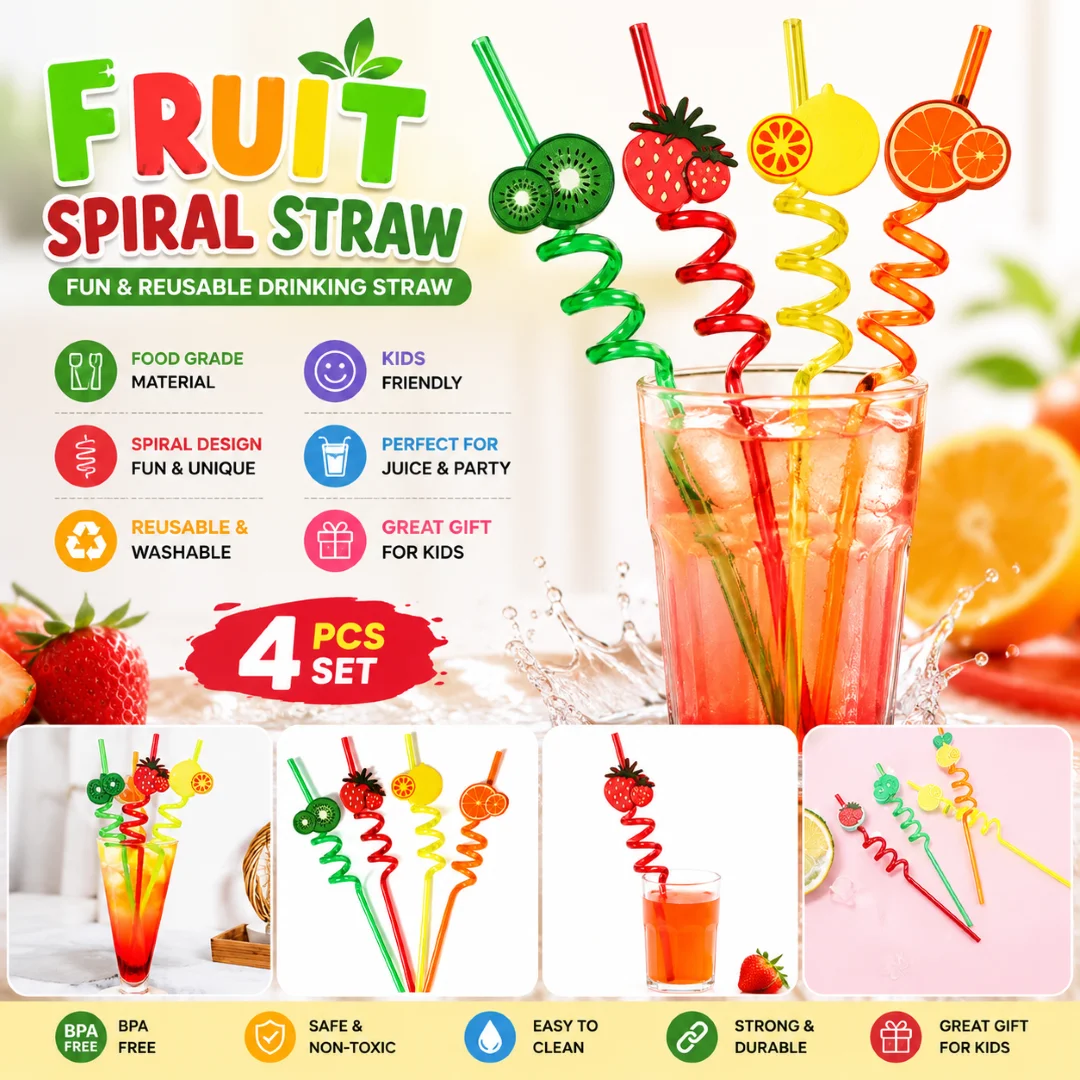 4Pcs Straw for Kids & Party Decoration Colorful Fruit Style Straw/Reusable Straws Smoothie Drinking Straws for Milkshakes 2