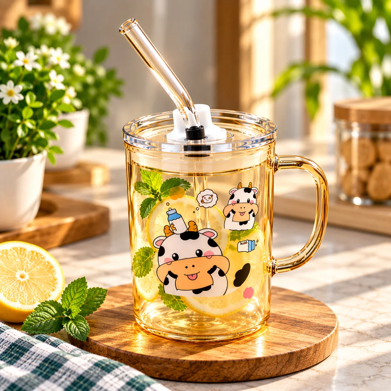 400ml Premium Glass Milk Mug with Lid & Glass Straw – Cow Print Cartoon Design Drinking Cup 4