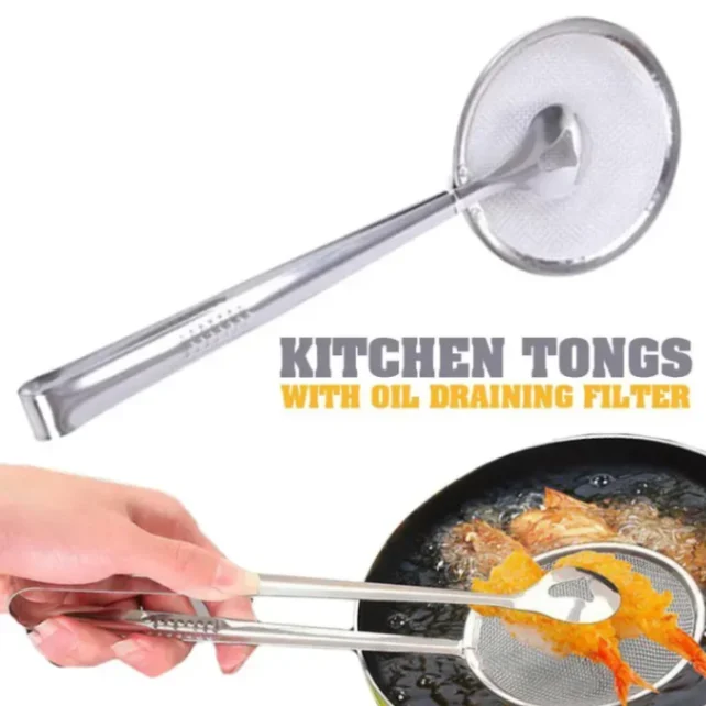 Stainless Steel Filter Spoon with Clip Food Kitchen Oil-Frying Multi-Functional BBQ Filter Clamp Strainer Kitchen Tools (Oil Filter Tongs) 6