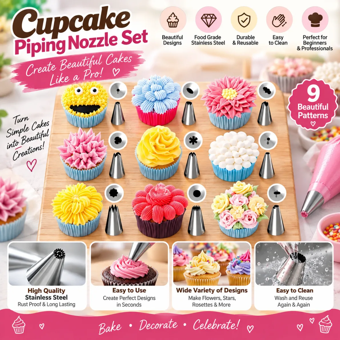 12 Pis Cake Decorating Set Frosting Icing Piping Bag Tips With Steel Nozzles Stainless Steel 12 Pieces Cake Decorating Tools Cake Decoration Tools 4