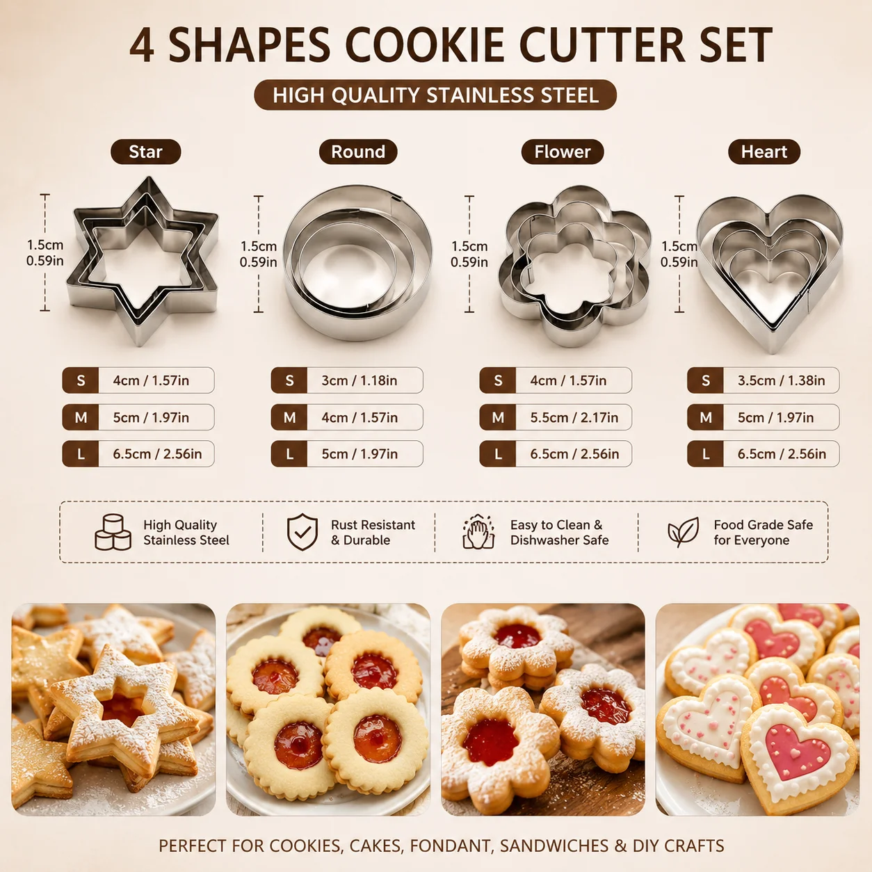 12pcs/Set Stainless Steel Cookie Cutter ( 4 Shapes) Round Heart Star Shape Biscuit Cutters for Kitchen Baking 2