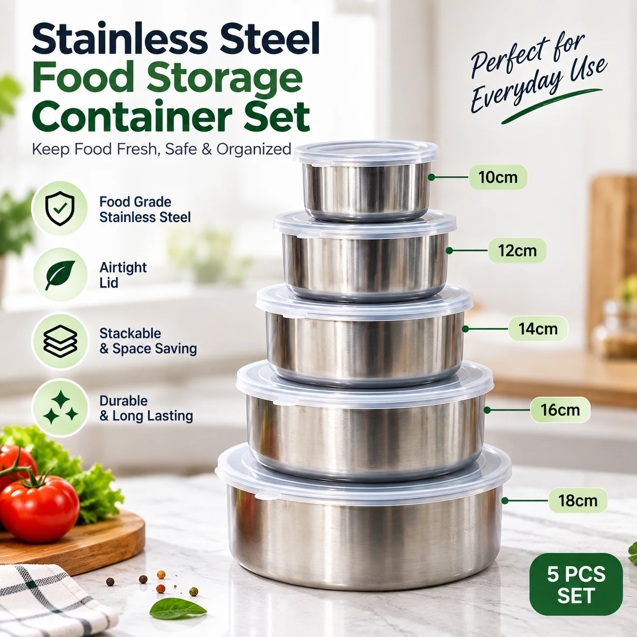 Stainless Steel Food Box 5 Pieces With Food Grade Plastic Cover, Protect Fresh Box 4