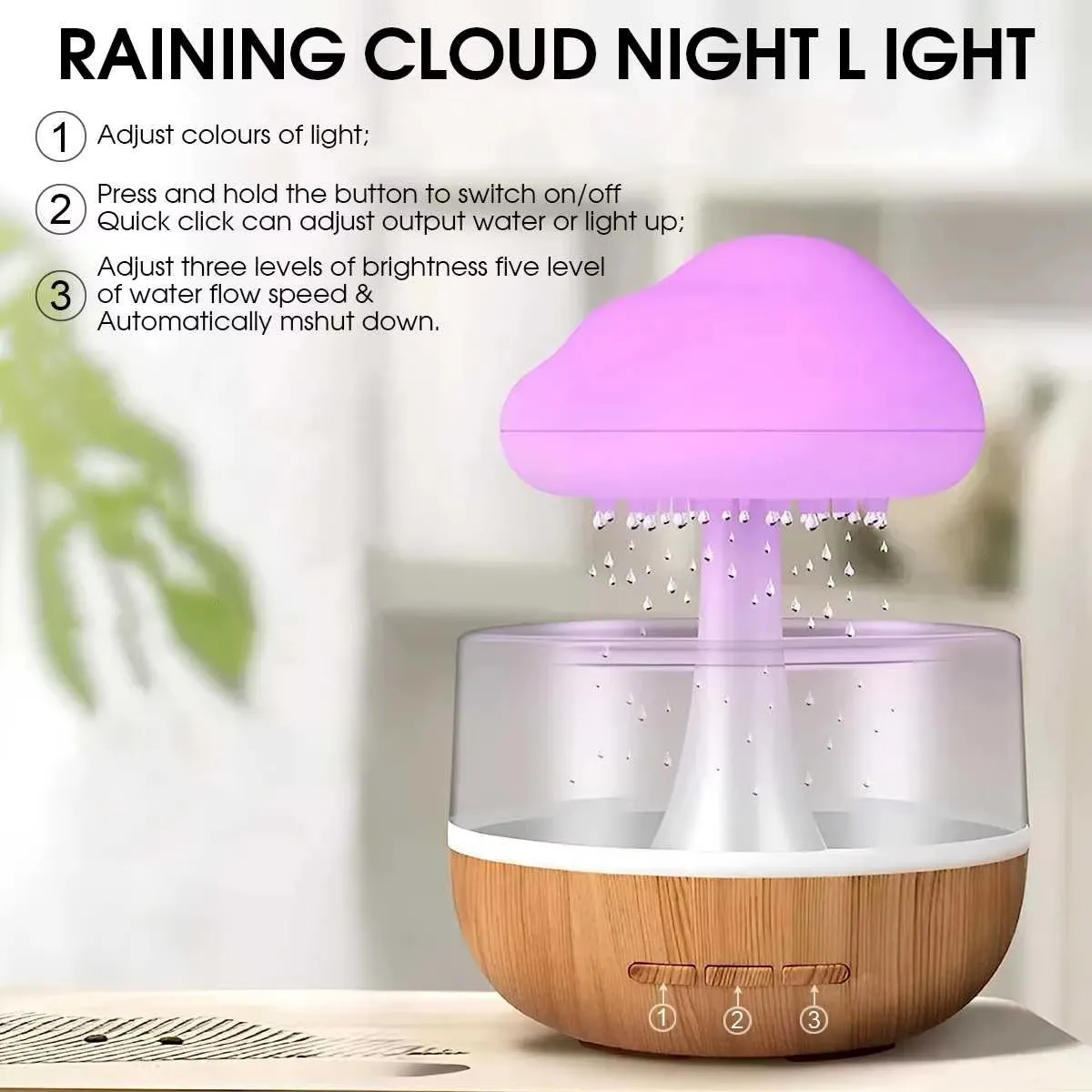 Rain Cloud Humidifier USB Night Light for Room Office Aroma Diffuser Water Drop Sound 7