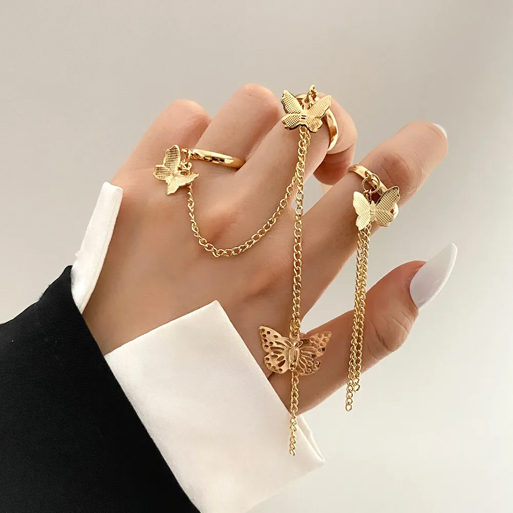 Gold Zircon Butterfly Chain Open Rings For Women Girls Sweet Elegant Tassel Rings Wedding Engagement Party Jewelry Gifts 2