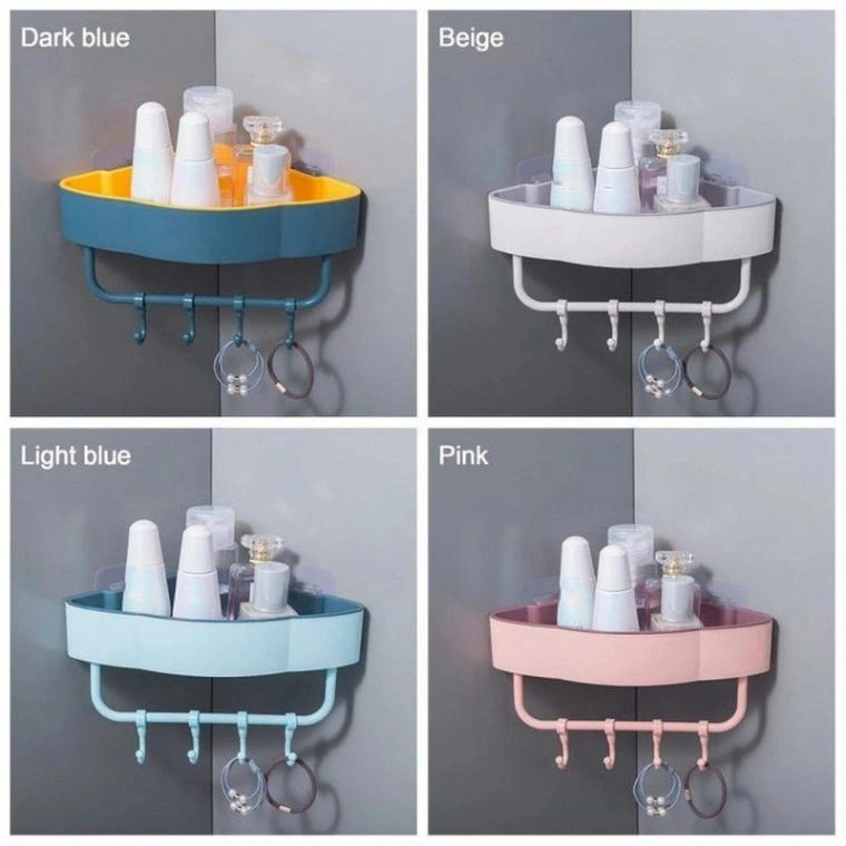 Bathroom Corner Shelf 4 Hook, Wall-Mounted Kitchen Bathroom Triangle Storage Rack 3