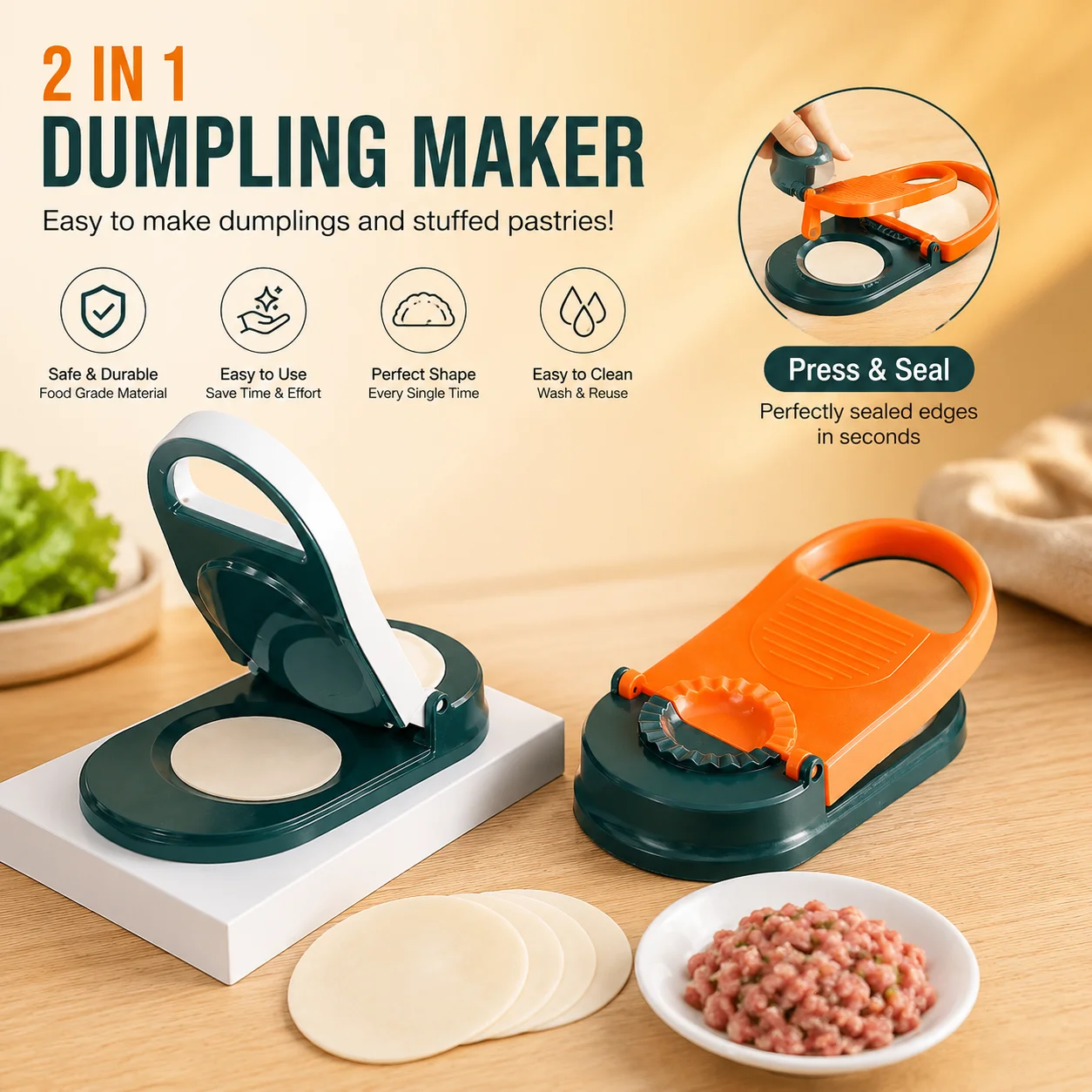 Dumpling and Pitha Maker Dough Pressing Mold - Orange and Blue 2