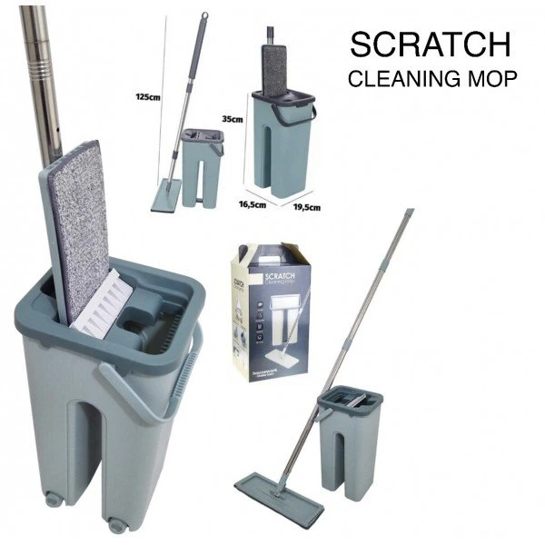 Scratch Cleaning Mop with Bucket, Floor Mop with Flat Microfiber Cleaning Cloth And Bucket Set 6