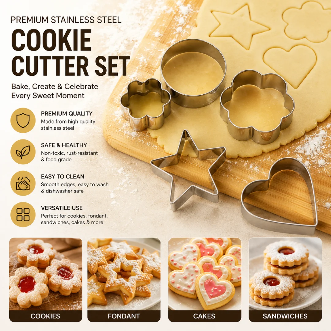 12pcs/Set Stainless Steel Cookie Cutter ( 4 Shapes) Round Heart Star Shape Biscuit Cutters for Kitchen Baking 1