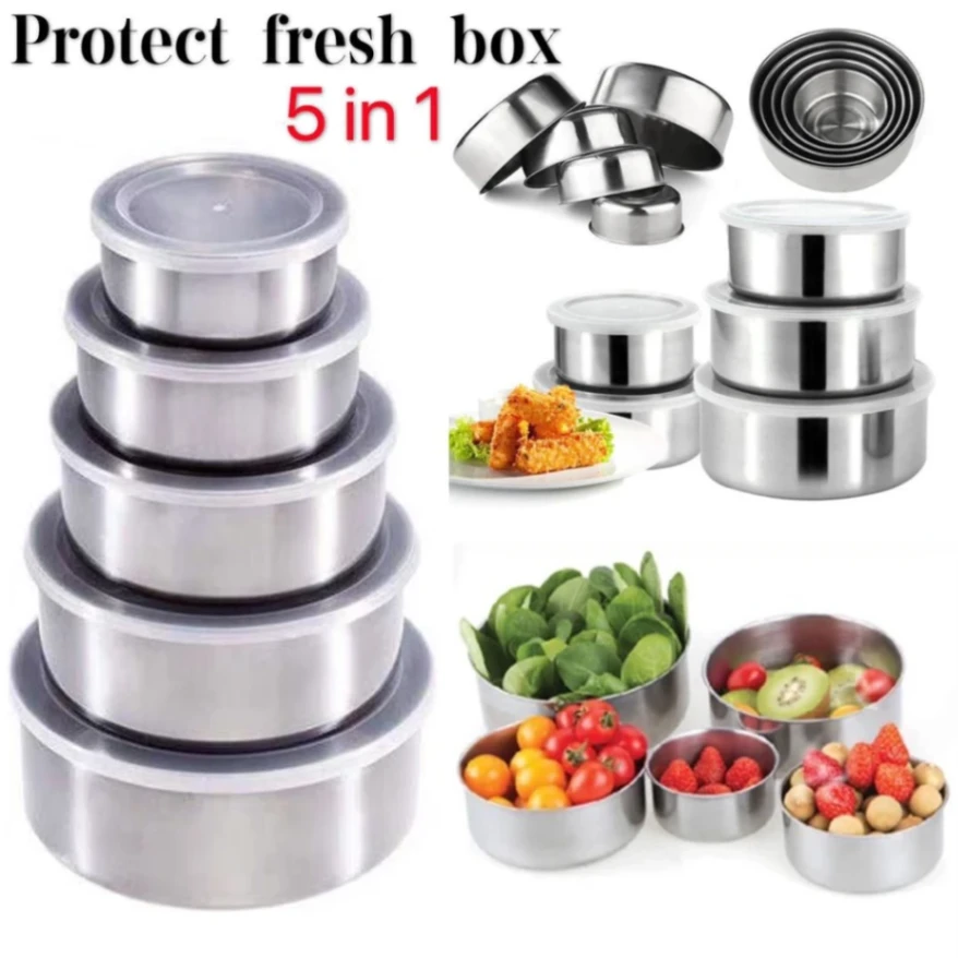 Stainless Steel Food Box 5 Pieces With Food Grade Plastic Cover, Protect Fresh Box 5