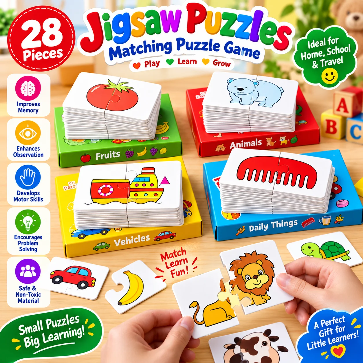 28Pcs Toddler Matching Card Early Montessori Education Puzzle Toys Cartoon Jigsaw Animal Color Shape Cognitive Training Gifts 2