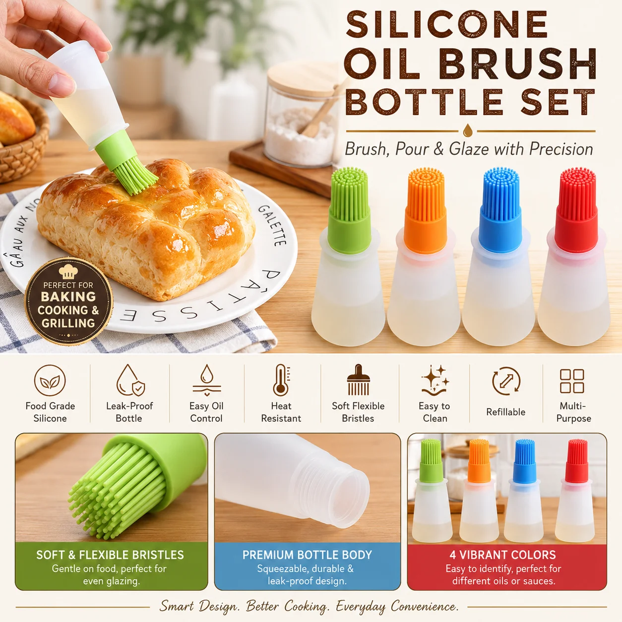 Silicone Oil Dispenser Bottle Brush Pastry Basting Brush Oil Honey Wine Sauce Grill Brush for Barbecue 2