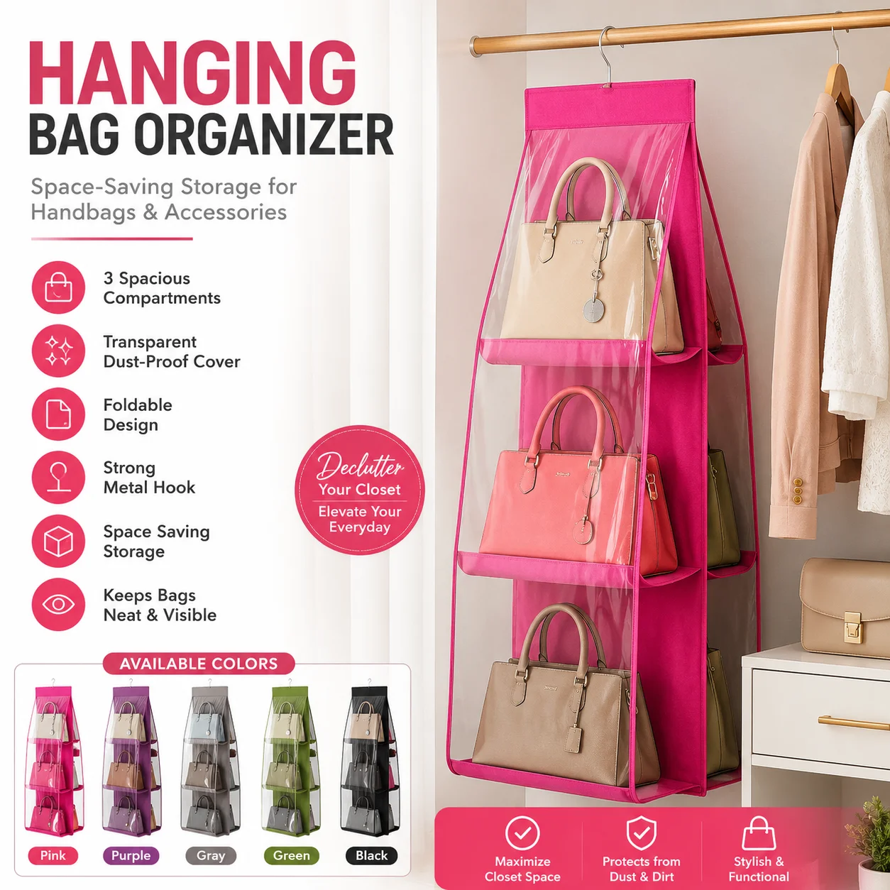 6 Pocket Hanging Organizer, Dust-Proof Storage Bag Holder, Hanging Handbag Organizer 2