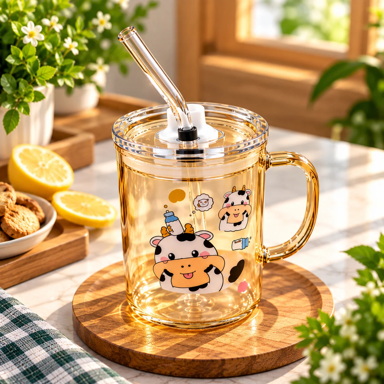 400ml Premium Glass Milk Mug with Lid & Glass Straw – Cow Print Cartoon Design Drinking Cup 3