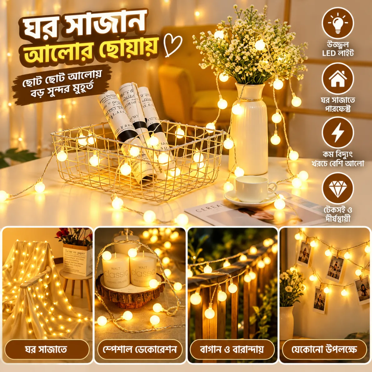 20 led Ball shape Fairy Lights, warm white snow ball Waterproof Decorative Fairy Lights 20 pieces set - Room Decoration Light 1