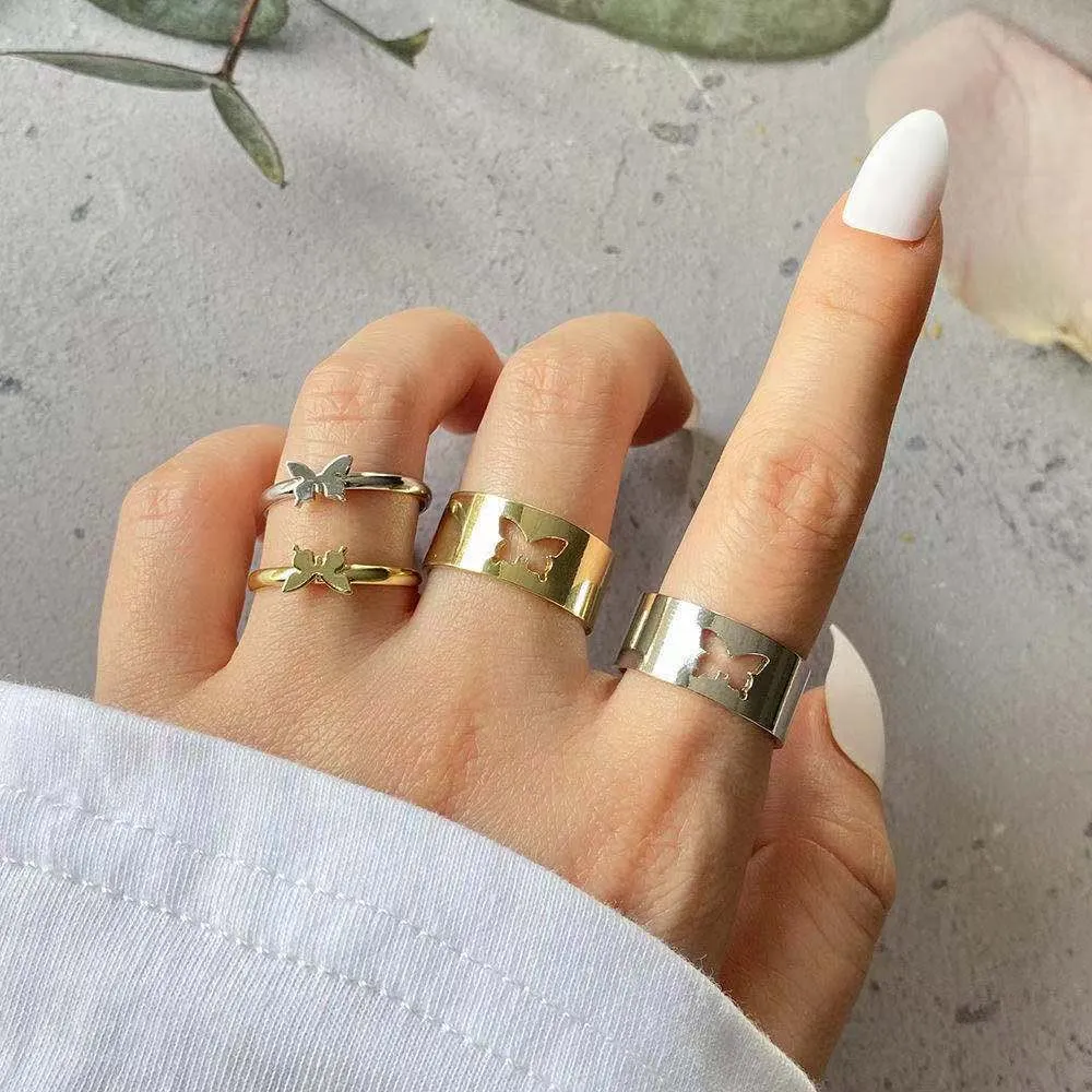 2Pcs/Set Butterfly Opening Alloy Wide Thin Hollow Couple Rings Finger Rings for Anniversary 5