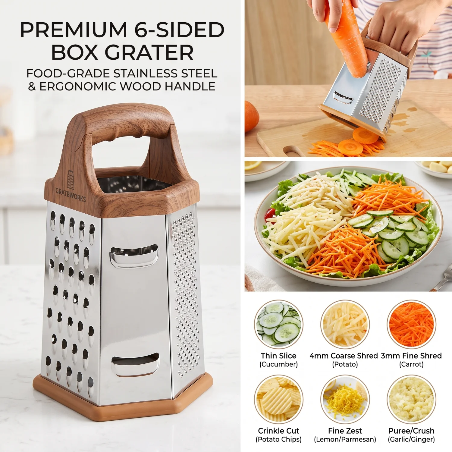Stainless Steel Tower Grater, 6-Sided Kitchen Grater and Slicer 1