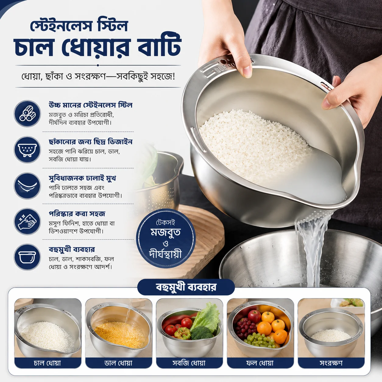 Rice Washer Strainer Bowl Stainless Steel Rice Washing Bowl Rice Sieve Colander Fruit And Vegetable Strainer 1
