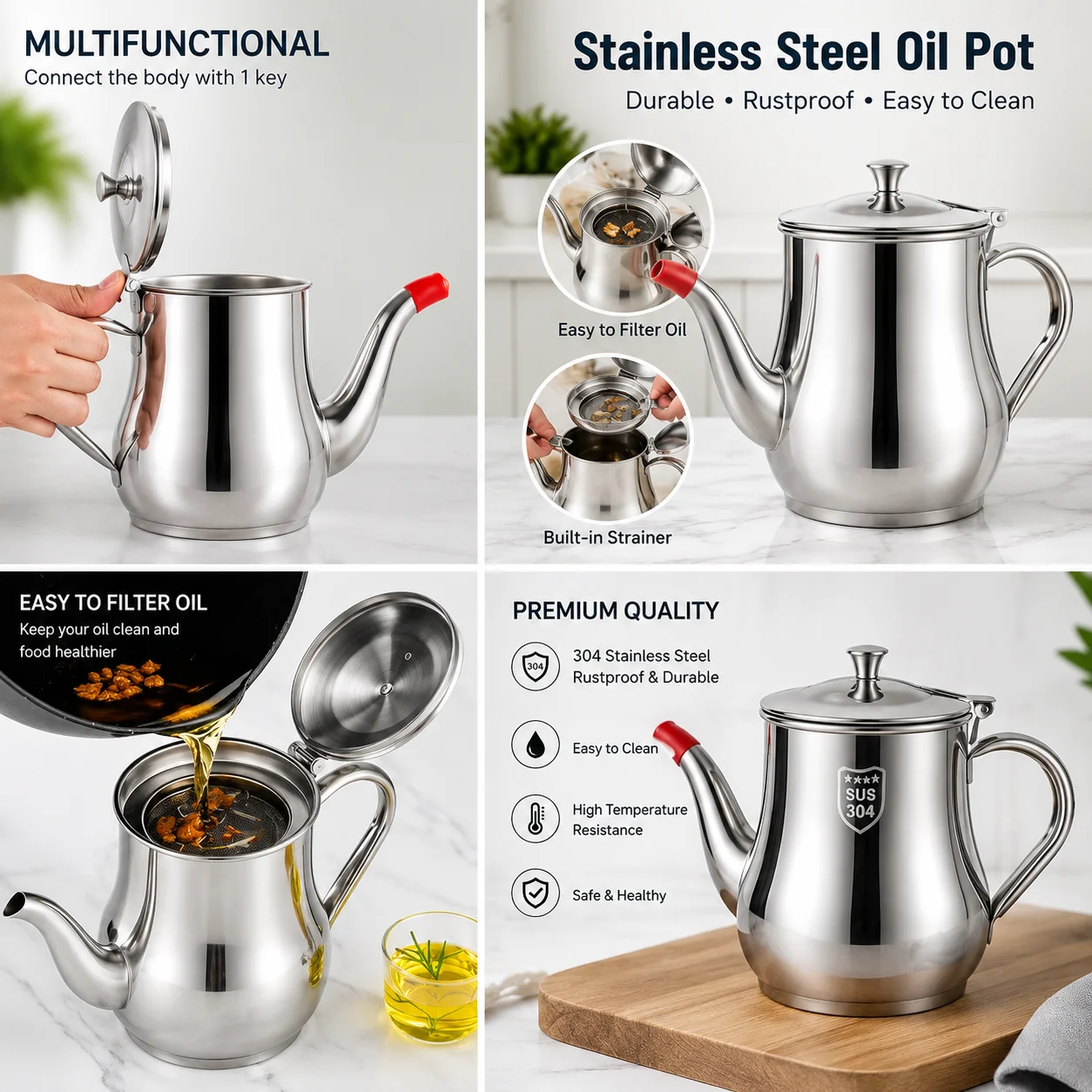 Stainless Steel Oil Strainer Pot Container Jug Storage with filter Cooking Oil Pot 4
