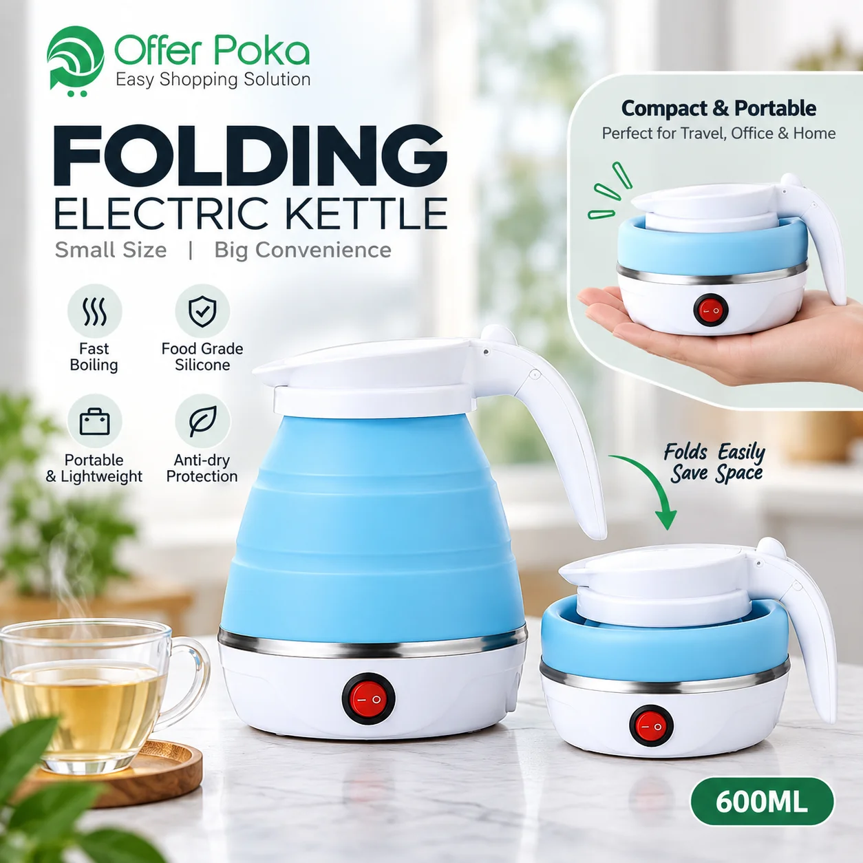 Silicone Foldable Electric Kettle, Portable Mini Electric Kettle for Travel, Electric Water Kettle 2