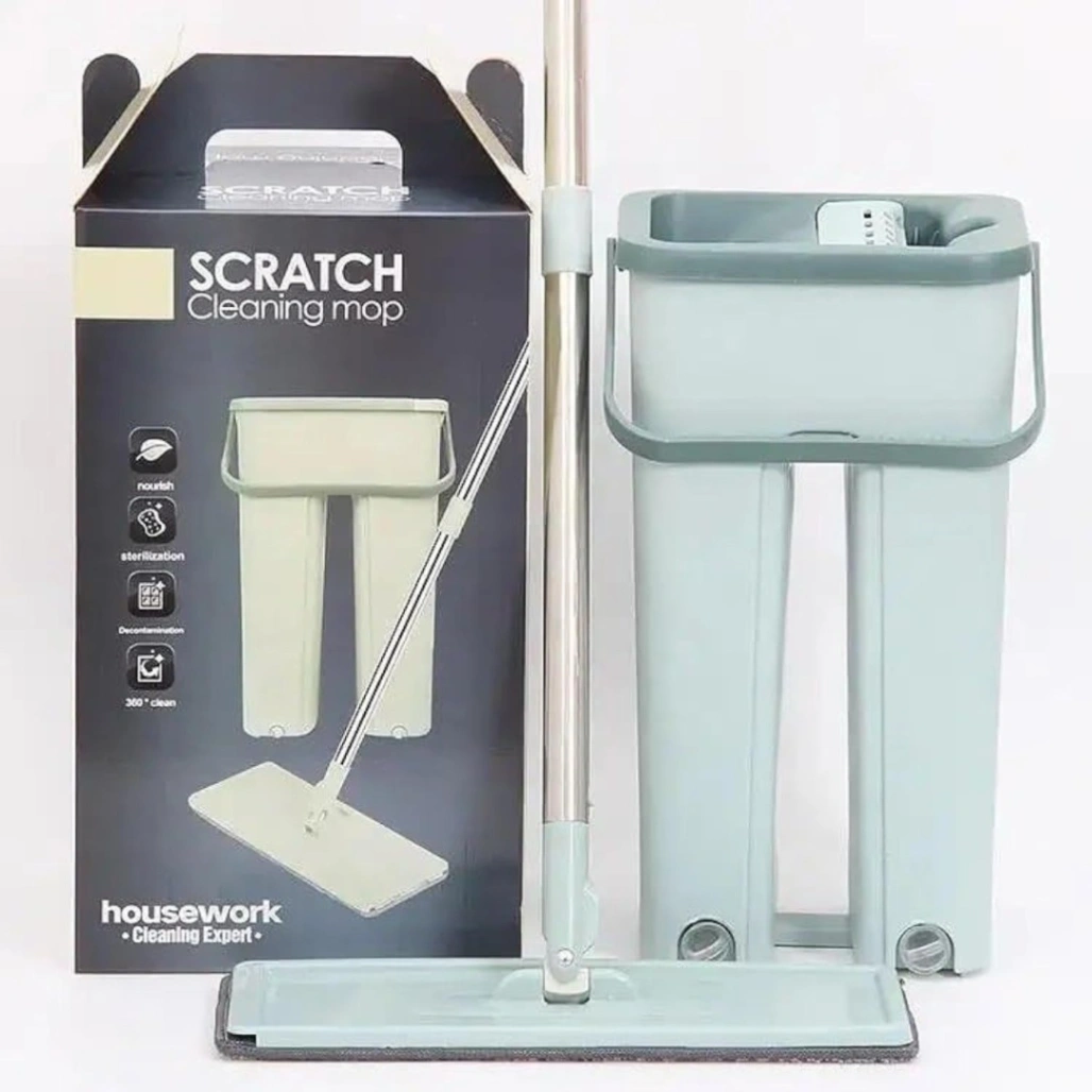 Scratch Cleaning Mop with Bucket, Floor Mop with Flat Microfiber Cleaning Cloth And Bucket Set 2