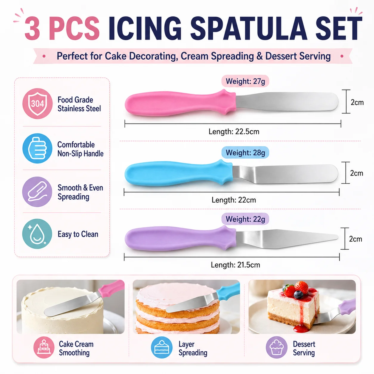 3pcs Stainless steel cream spatula, Butter Cake Cream Smoother Spatula Fondant Pastry Tool, Baking Pastry Cake Decorating Tools 4