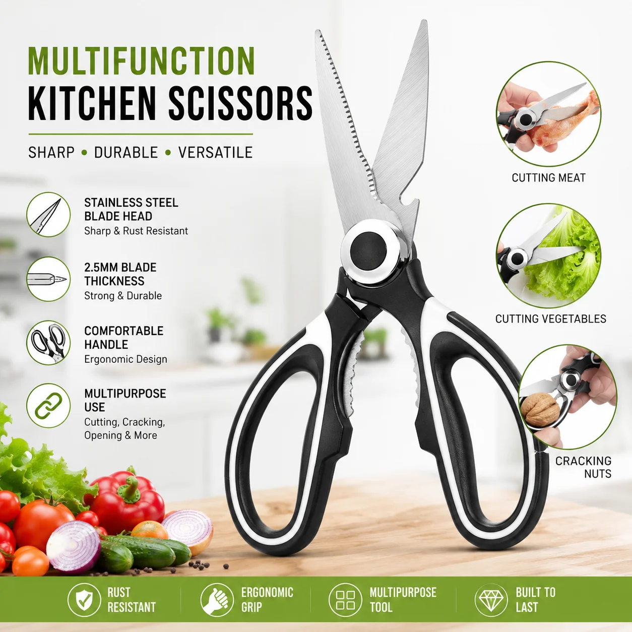Kitchen Scissor (Black) Heavy Duty Stainless Steel Kitchen Scissors 2