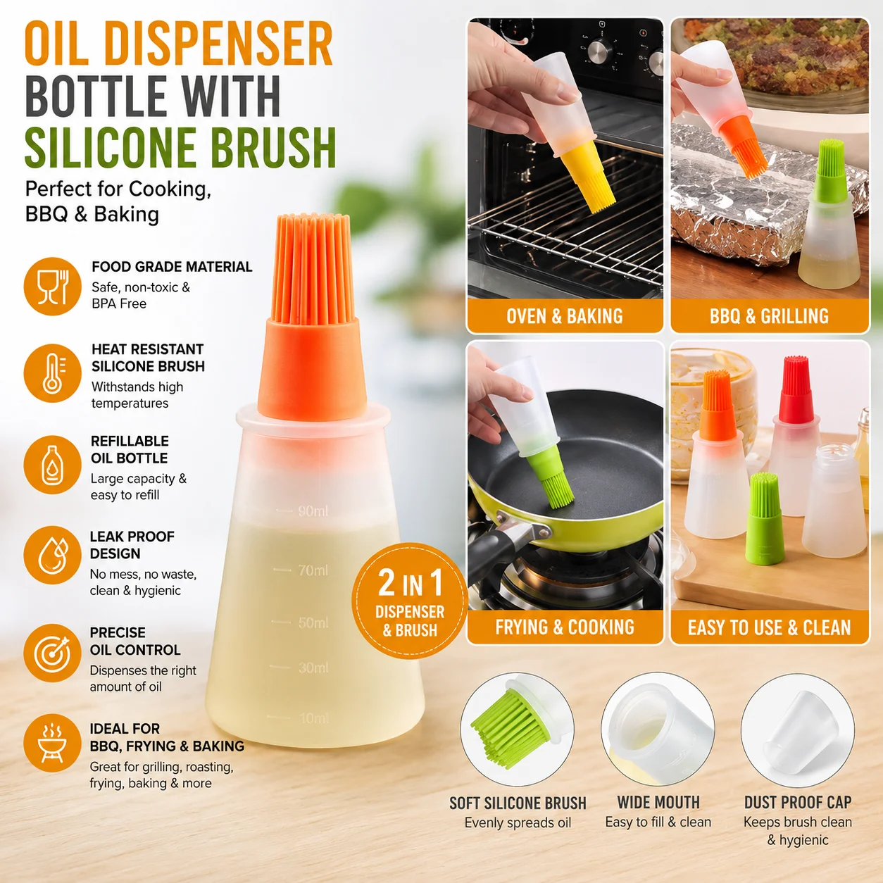 Silicone Oil Dispenser Bottle Brush Pastry Basting Brush Oil Honey Wine Sauce Grill Brush for Barbecue 4