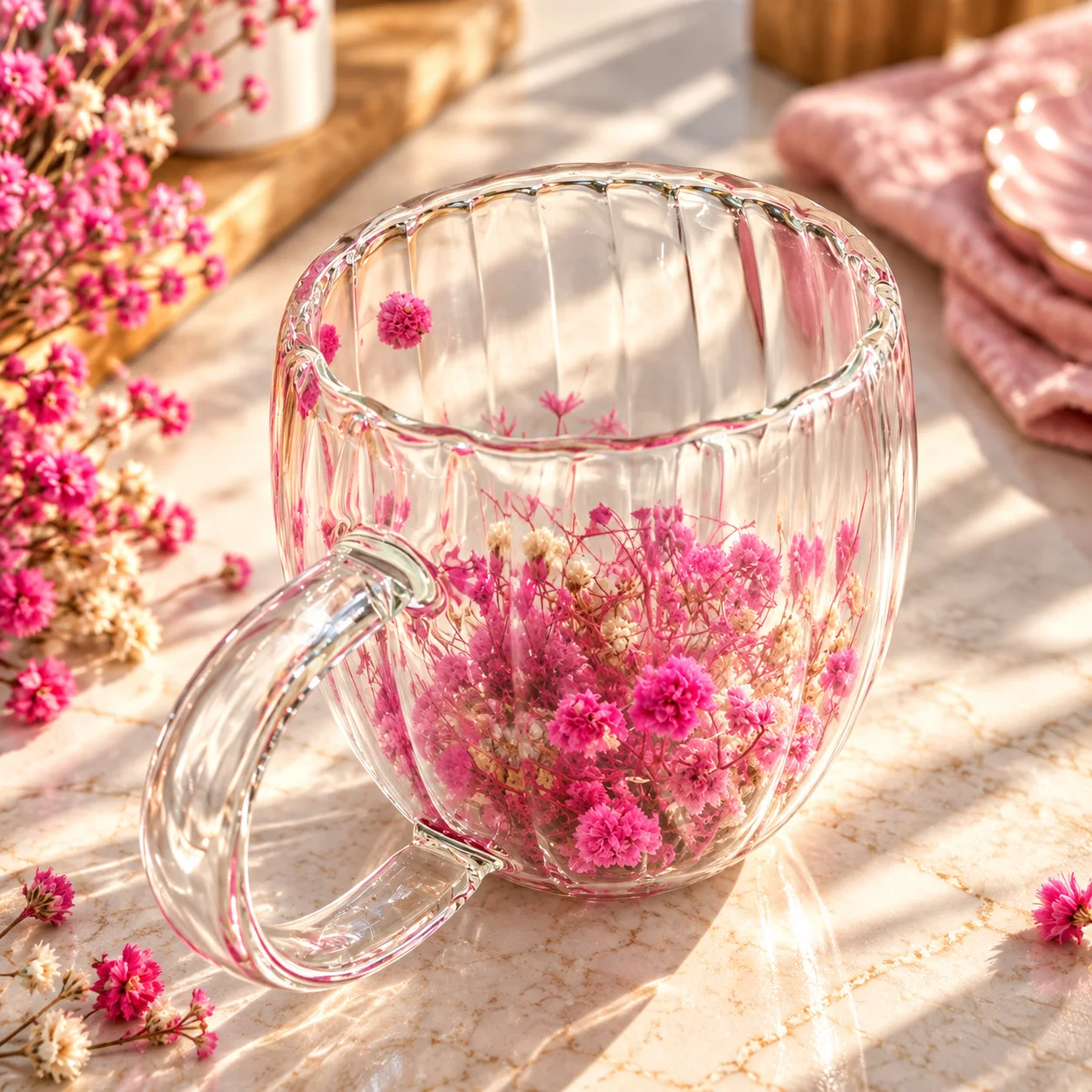 220ml Premium Glass Coffee Mug with Handle – Transparent Floral Design Tea & Coffee Cup 3