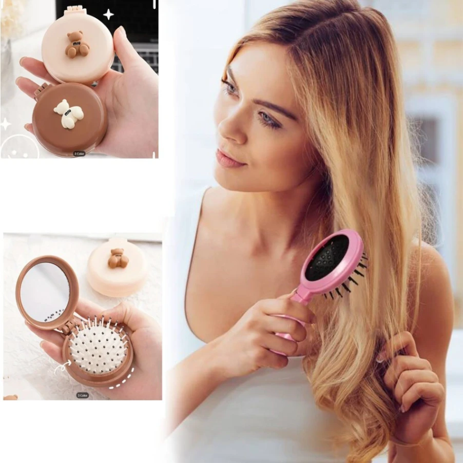 2 In 1 Folding Hair Brush with Mirror,Compact Travel Hair Brush, Portable Travel Brushes for Hair, Folding Hair Brush with Makeup Mirror, Round Hair Massage Comb for Women Girls 2