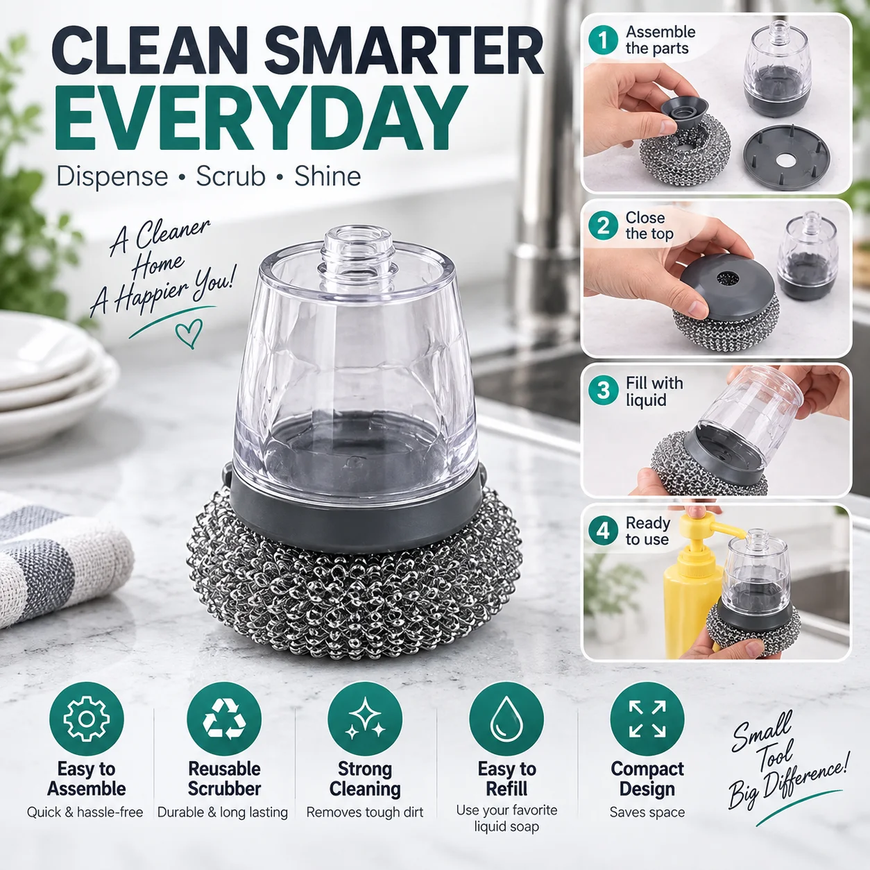 2 in 1 Soap Dispensing Palm Dish Cleaning Brush 3