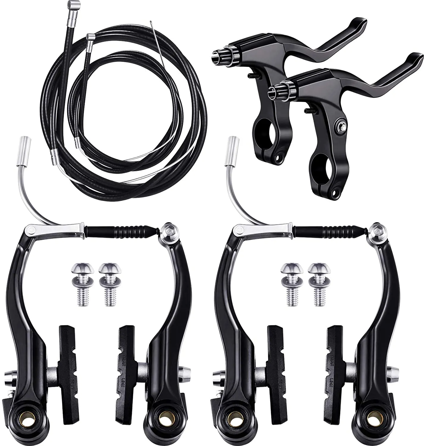 Complete Bike Brake Set Black Front and Rear Bike MTB Hybrid Brake Inner and Outer Cables and Lever Kit Includes Callipers Levers Cables Black 2