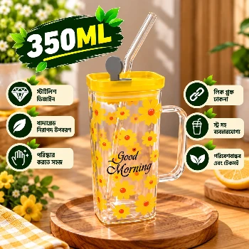 350ml Premium Glass Tumbler with Lid & Reusable Glass Straw – Floral & Bow Printed Design Beverage Cup