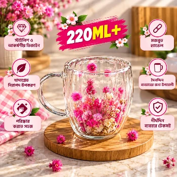220ml Premium Glass Coffee Mug with Handle – Transparent Floral Design Tea & Coffee Cup