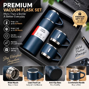 Vacuum Flask Gift Set -Vacuum Flask Set with 3 Cups/ Stainless Steel Vacuum Flask Set/ Coffee Mug/ Tea Mug/ Travel Mug