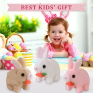 Bunny Carrot Plush Toy Electric with Lighting Sound, Battery Operated Hopping Robotic Rabbit Toys for Kids, Fun Wiggle Ears Pochy