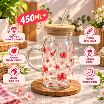 450ml Premium Glass Tumbler with Bamboo Lid, Handle & Reusable Glass Straw – Floral Design Beverage Cup