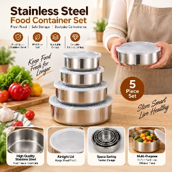 Stainless Steel Food Box 5 Pieces With Food Grade Plastic Cover, Protect Fresh Box