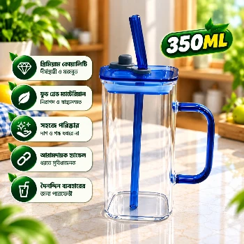 350ml Premium Glass Tumbler with Lid & Reusable Straw – Transparent Beverage Cup with Handle