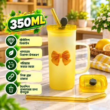 350ml Premium Glass Mug with Lid & Reusable Glass Straw – Cute Bow Design Beverage Cup