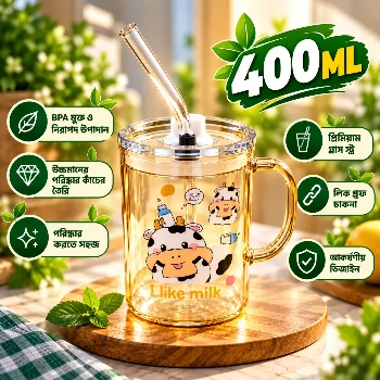 400ml Premium Glass Milk Mug with Lid & Glass Straw – Cow Print Cartoon Design Drinking Cup