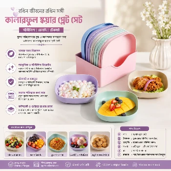 Square Plastic Dinner Plate Set (Set of 10 Pcs) Colorful Snacks / Breakfast Plate with Stand
